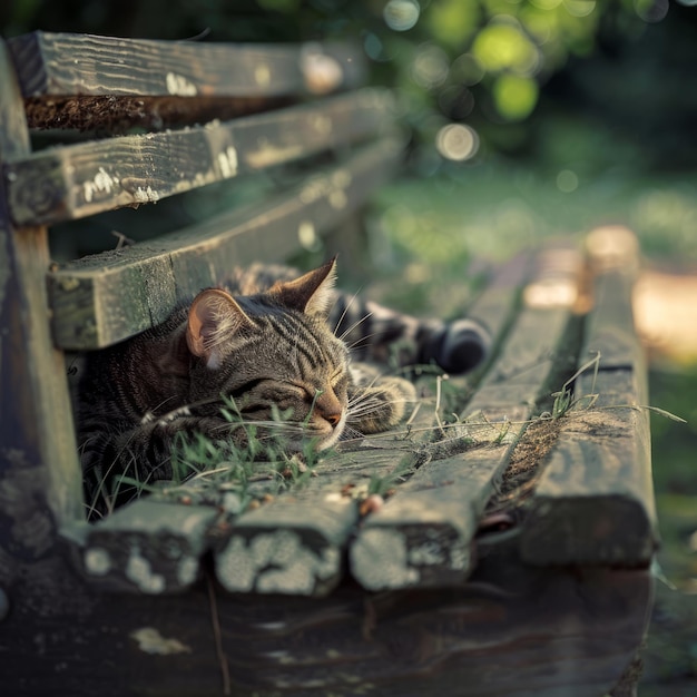 Photo tabby cat napping on a wooden park bench surrounded by autumn leaves