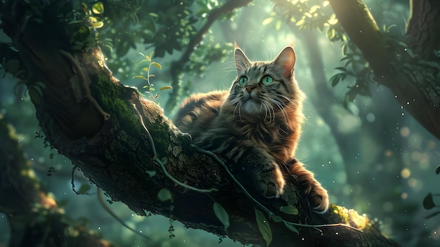 Tabby Cat Perched on Tree Branch in Fantasy Forest