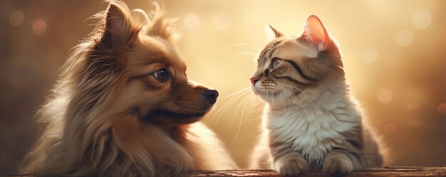 Tabby cat and red dog sitting together and looking at each other Banner with cute pets AI generated