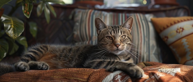 Tabby Cat Relaxing on a Cozy Couch