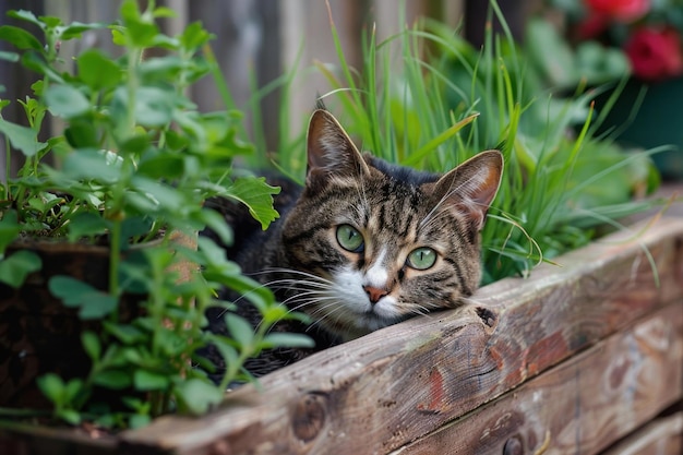 Tabby cat relaxing in a garden planter