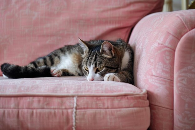 Tabby cat relaxing on pink velvet sofa