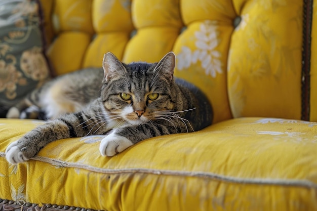 Tabby cat relaxing on yellow vintage sofa