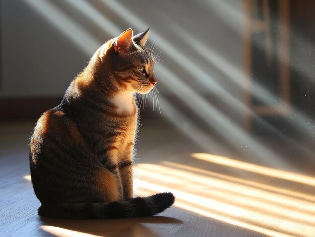 Tabby Cat Sitting in Sunlit Room with Shadows and Sunbeams