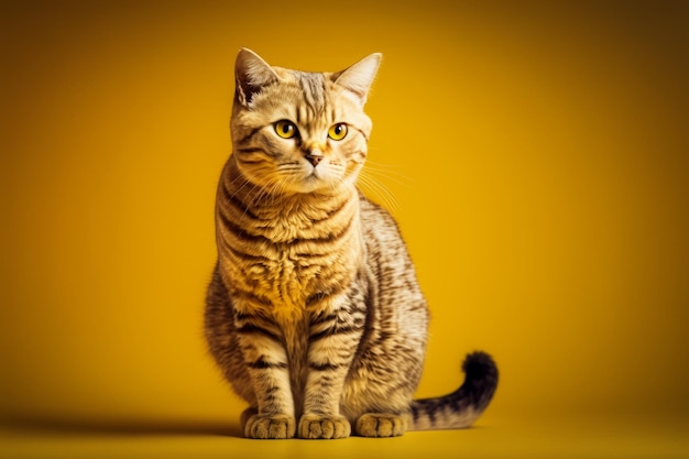 Tabby cat sitting on yellow background Generative AI