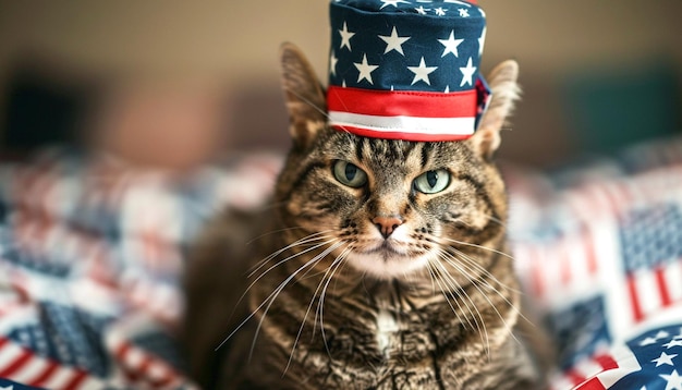 Photo a tabby cat wearing an american hat