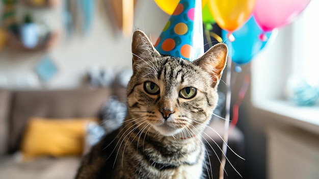 Photo a tabby cat wearing a birthday hat looks at the camera with a curious expression