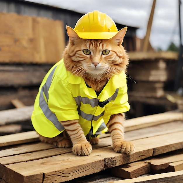 Tabby cat wearing a bright yellow hard hat standing atop a pile of wooden planks Ai Generated