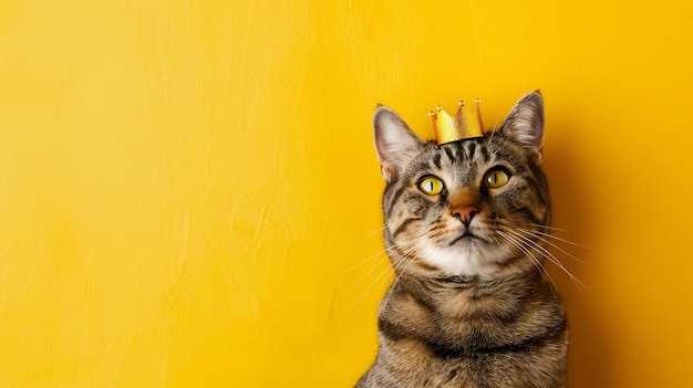 A tabby cat wearing a gold crown on a bright yellow background