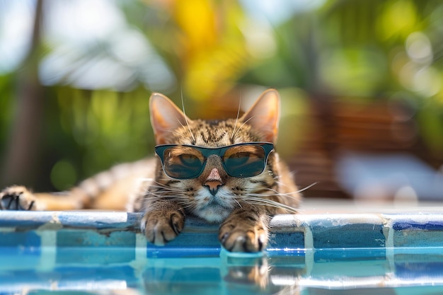 A tabby cat wearing sunglasses relaxes by the poolside enjoying a sunny day with tropical background