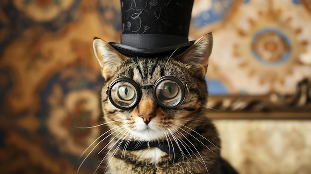 A tabby cat wearing a top hat glasses and a bow tie looking directly at the camera with a serious expression