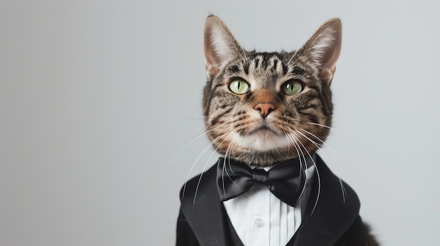 A tabby cat wearing a tuxedo and bowtie looking elegant