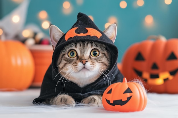 Photo tabby cat in witch costume sits with pumpkins and string lights for a festive halloween scene