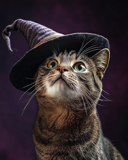 Photo a tabby cat with a curious expression wearing a tilted witch hat