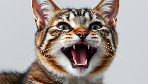 Photo tabby cat with open mouth smiling closeup extracted isolated with white highlights