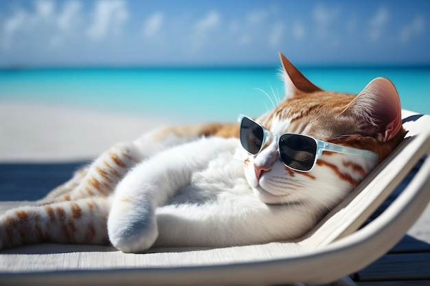 Tabby cat with sunglasses laid on tropical beach neural network generated art