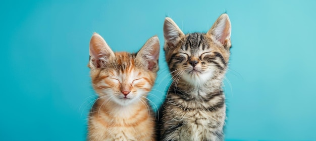 Tabby and ginger kittens with eyes closed on a turquoise surface