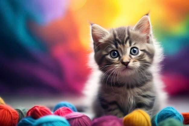 Tabby kitten amongst colorful yarn balls