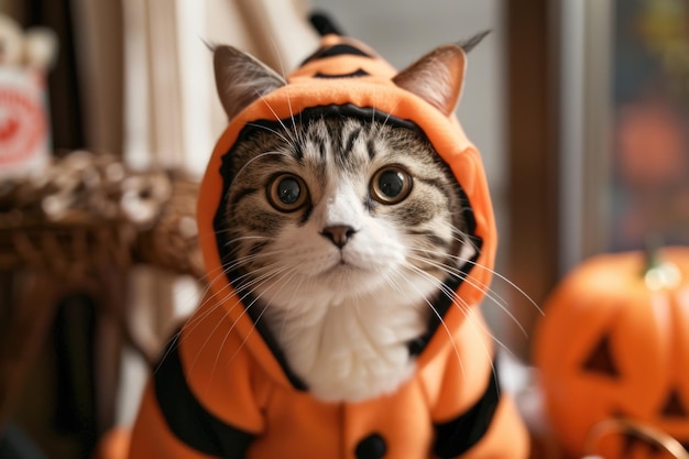 Photo tabby kitten in a halloween pumpkin outfit sitting indoors with halloween decorations staring with big eyes and surrounded by a cozy festive atmosphere ai