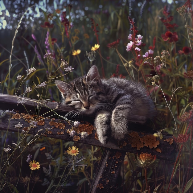 Photo a tabby kitten naps peacefully on a weathered wooden fence surrounded by a vibrant wildflower meadow