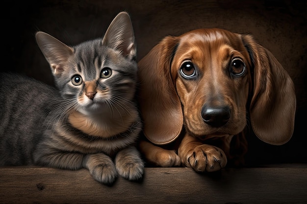 A tabby kitty and a dachshund puppy banner cat and dog