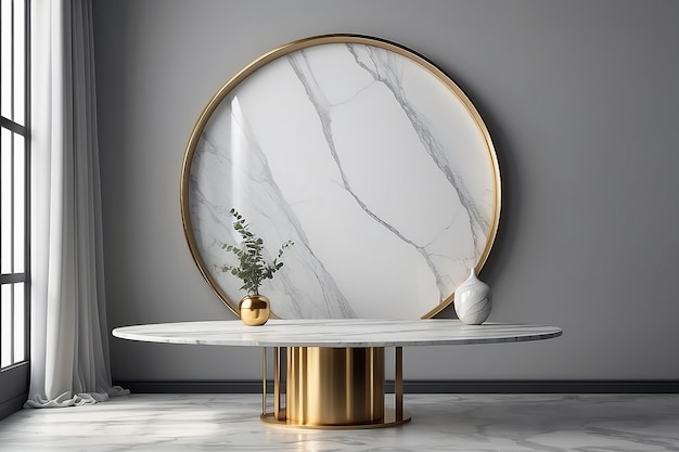 Tabel circle marble gold edged table legs elegant light through room window on curtain gray againts wall