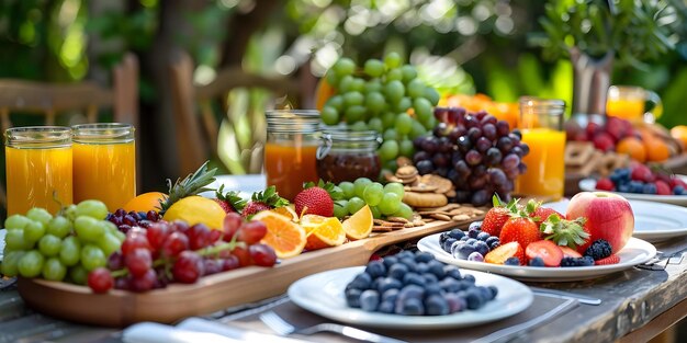 Photo a table adorned with a nutritious breakfast spread of fruits and vegetables concept healthy eating fresh produce breakfast ideas