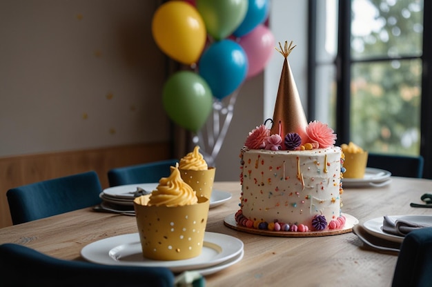 Photo table arrangement for birthday event with cake and plates