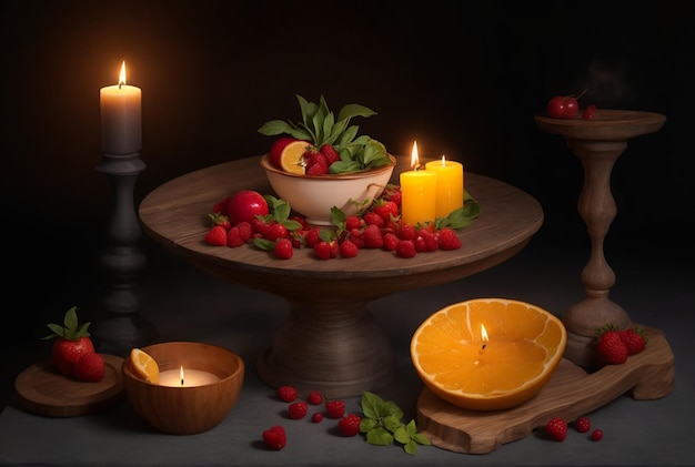 A table badrum with a candle and a bowl of fruit on its