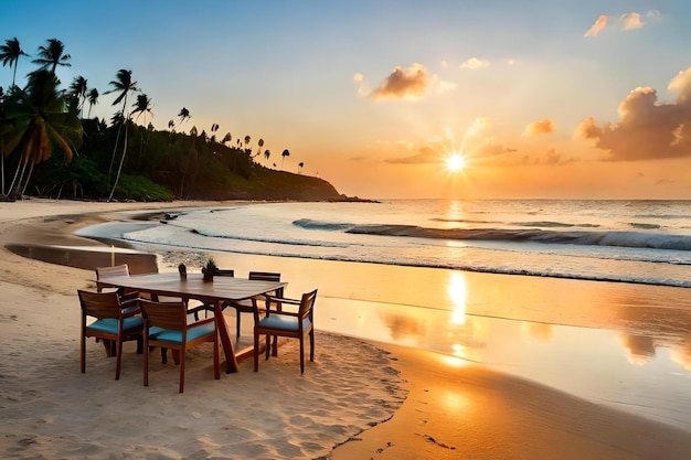 A table on the beach at sunset