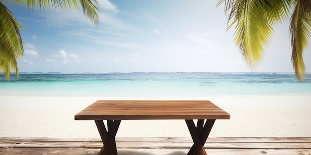 A table on a beach with palm trees in the background