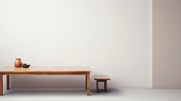 A table and a bench in front of a white wall