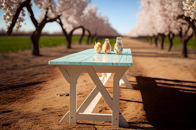 Table and blooming almond orchard in spring for productgenerative ai