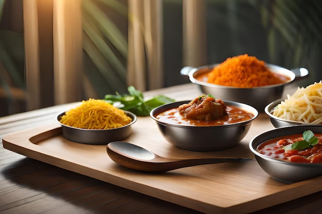 A table of bowls of food including chicken, rice, and other dishes.