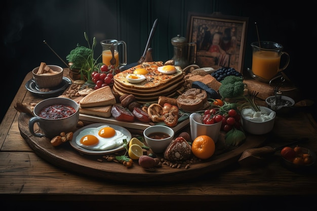 A table breakfast food including eggs toast and fruit