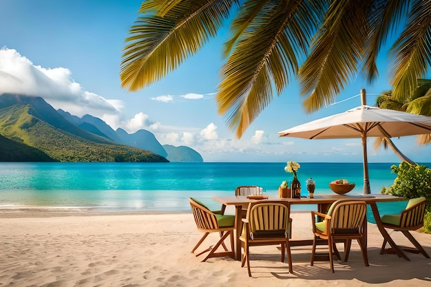 A table and chairs on a beach with a palm tree in the background