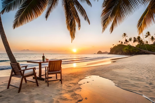 A table and chairs on a beach with palm trees in the background