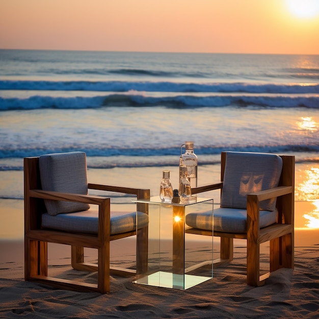 a table and chairs on a beach with the sun setting behind them