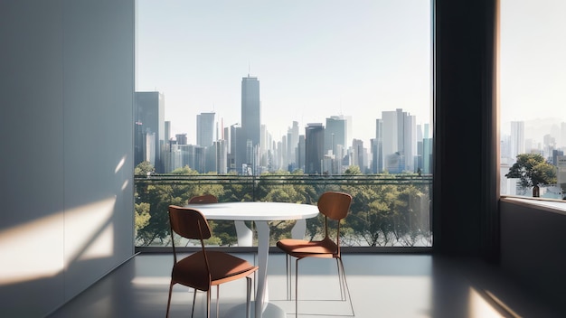 A table and chairs in a modern apartment with a view of the city skyline.