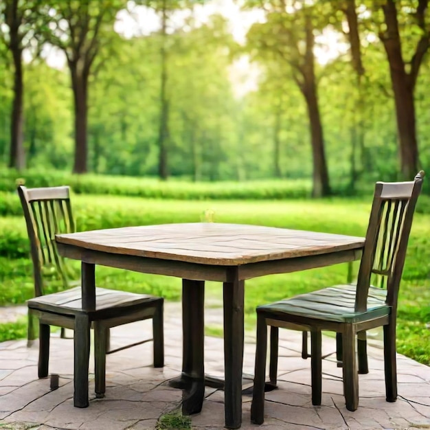 a table and chairs in a park with a bench and trees in the background