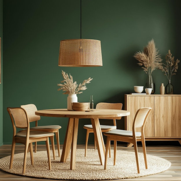 a table and chairs in a room with a lamp on the table and a lamp