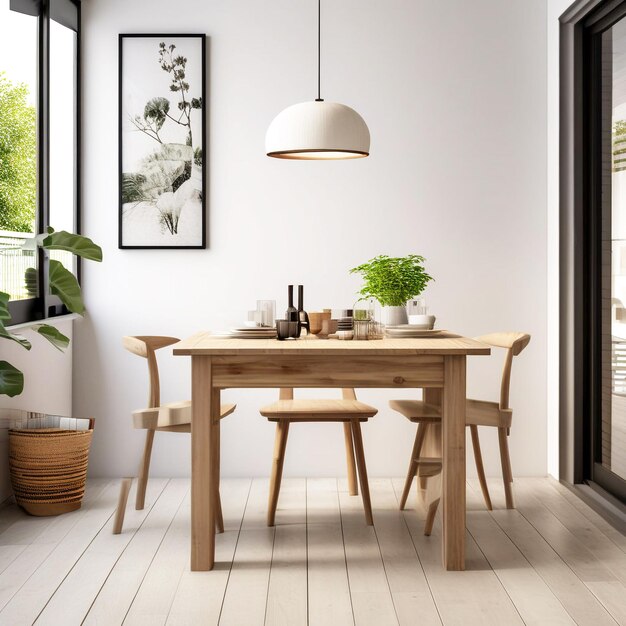 Photo a table and chairs in a room with a picture of a plant and a picture of a plant