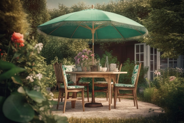 Table chairs umbrella Generate Ai