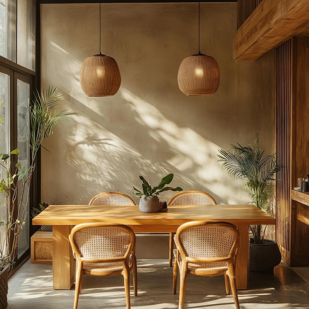 a table and chairs with a plant on the top of it