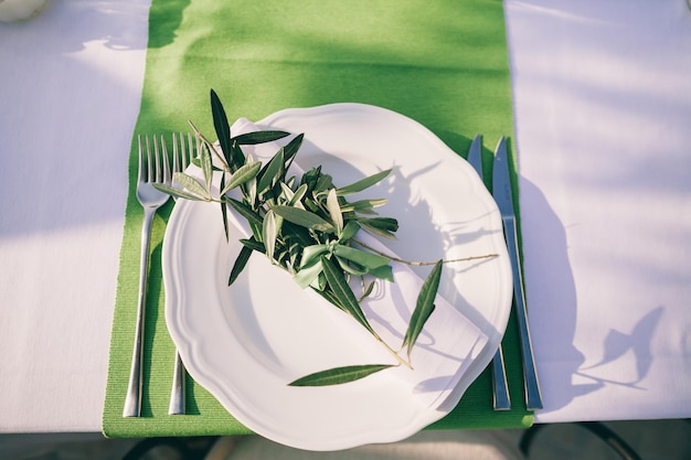 Table coverage decoration with olive flowers Wedding venue