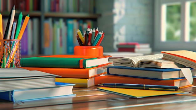 A table covered in a multitude of books and pencils ready for learning and creativity to flourish