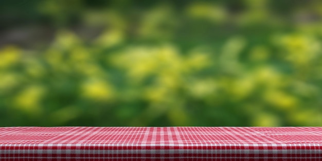 Table covered with red tablecloth on blur nature background copy space 3d illustration