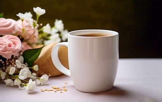 On table cup of coffee with cake and flowers