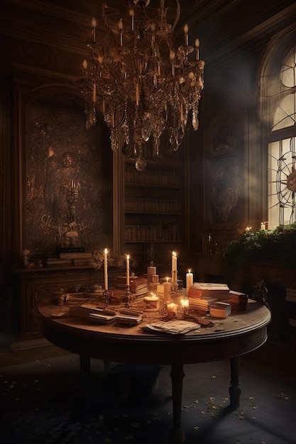 A table in a dark room with a chandelier and books on it.