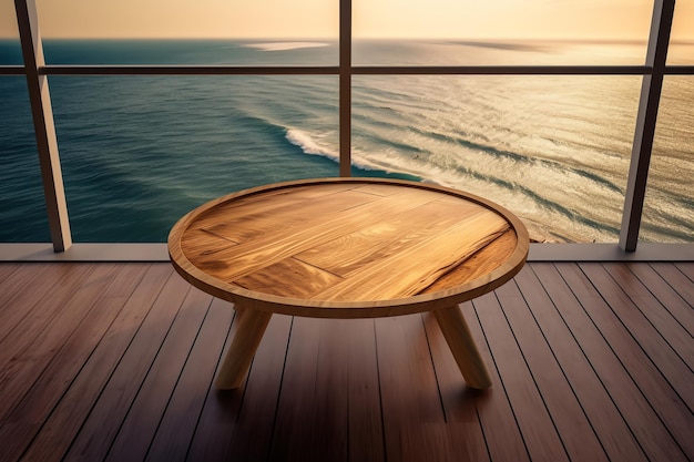 A table on a deck overlooking the ocean